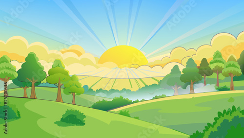 A morning mist slowly dissipates as the sun rises revealing the lush greenery that was previously hidden. The air is cool and fresh and the sunlight. Cartoon Vector. #825200536
