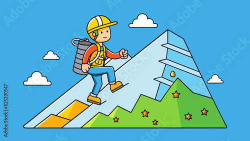 A mountain climber reaching higher altitudes with each step the terrain becoming steeper and more challenging.. Cartoon Vector. photo