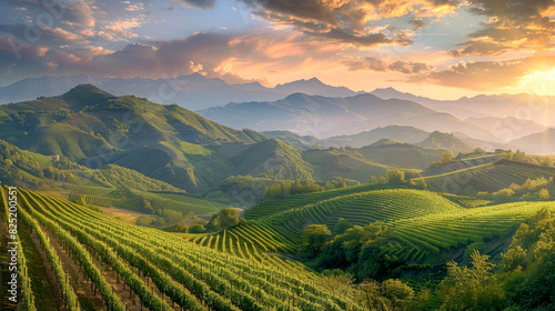 Vineyards grape farm with grapevine at sunset and mountain background.