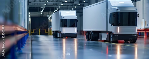 Autonomous delivery trucks seamlessly entering and exiting smart warehouses under digital route guidance photo