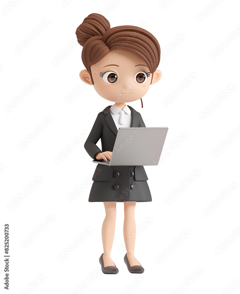Attractive woman using notebook, at work location or home office, in 3D render chibi cartoon design, Isolated on Transparent Background, PNG Attractive woman using notebook, at work location or home office, in 3D render chibi cartoon design, Isolated on Transparent Background, PNG
