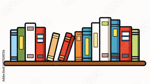 A neat and organized arrangement of books on a shelf with each spine facing out and grouped according to genre or author. The books are all of similar. Cartoon Vector.