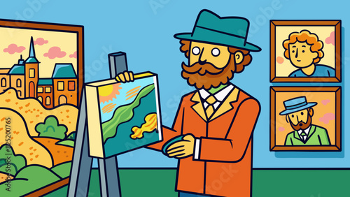 An art historian closely studying a painting noting its use of color brushstrokes and overall composition. The painting appears to be from the. Cartoon Vector.
