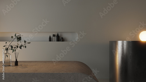 Concrete tabletop in dark room with warm lamp light, 3d render