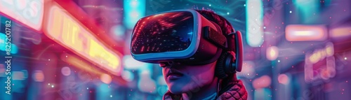 Nextgen virtual adventure, youth wearing VR headset, deeply engaged in an interactive neon cosmos photo