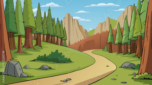 A narrow dirt road winding through a dense forest punctuated by the occasional rocky outcropping and surrounded by untouched wilderness.. Cartoon Vector.