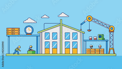 A newly constructed building starting as a simple frame of beams and gradually taking shape with walls windows and other architectural details.. Cartoon Vector.
