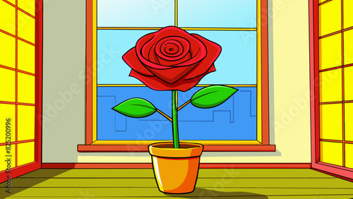 An excerpt describing a painting of a vibrant red rose in a vase on a windowsill. It mentions the vivid color of the rose petals and the warm natural. Cartoon Vector.
