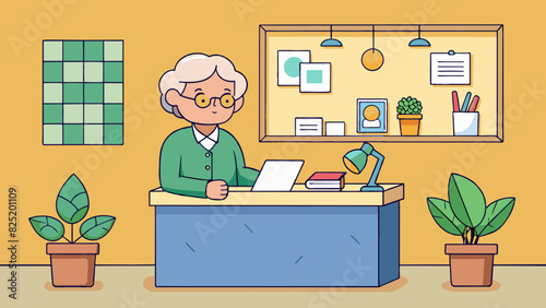 An older secretary opening the mail at a small reception desk. Behind her a bulletin board is littered with notes and photos and a miniature potted. Cartoon Vector.