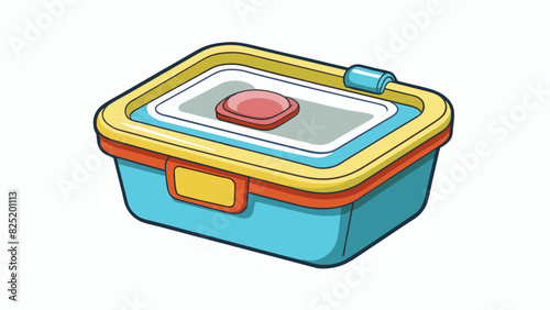 An oblongshaped container made of plastic with a fliptop lid and a builtin handle perfect for storing and transporting snacks or small items.. Cartoon Vector. photo