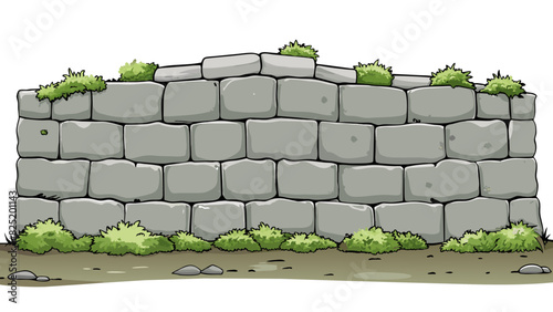 An old stone wall with lichen creeping up its rough surface and small cracks running between the stones.. Cartoon Vector.