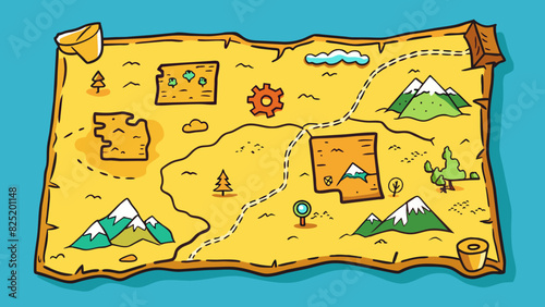 An old map with yellowed edges marked with routes and handwritten notes. This map was used on a backpacking trip and it brings back memories of. Cartoon Vector.