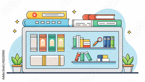 An online bookstore with a minimalist design prominently displaying the latest book releases on the homepage. The website has a search bar for users. Cartoon Vector.