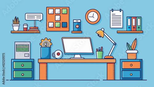 An organized desk The desk was a shining example of efficiency and productivity. Every item had its designated spot neatly arranged in order of. Cartoon Vector.