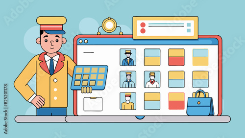 An online booking system for a hotel has a website with a search bar and dropdown menus to select arrival and departure dates and the number of. Cartoon Vector.