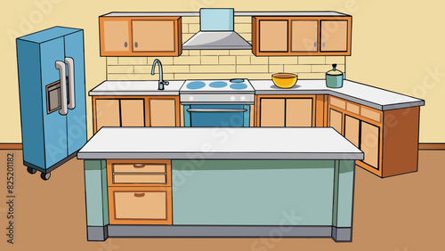 An openconcept kitchen with a large island in the center. The island has a sleek quartz countertop and plenty of storage space with pullout drawers.. Cartoon Vector.