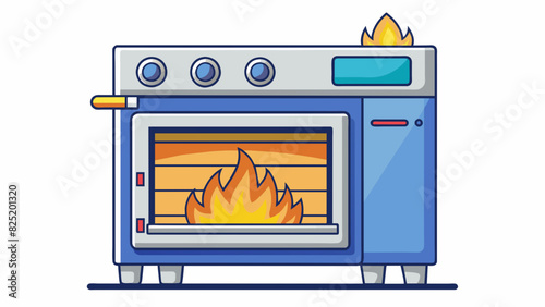 An oven being turned on with flames starting to ignite at the bottom. The oven is a large stainless steel appliance with a digital display panel and. Cartoon Vector.