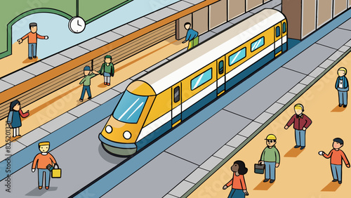 An underground train station with numerous tracks and flashing departure times. People rushing to catch their train their footsteps echoing against. Cartoon Vector.