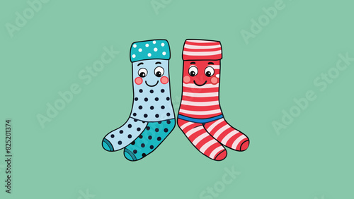 A pair of mismatched socks one with stripes and one with polka dots perfectly complementing each other and showing that true friends dont have to be. Cartoon Vector.