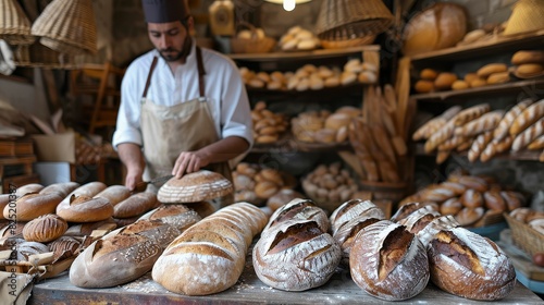 Artisan baker preparing loaves of sourdough, rye, and multigrain breads inside a rustic bakery photo