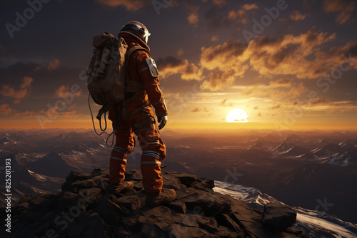 arafed astronaut standing on a rocky outcropping looking at the sun photo