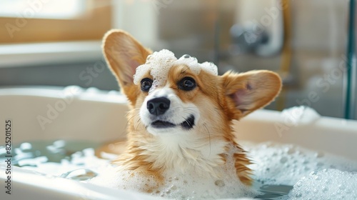 Cute corgi puppy bathing in bubbles at pet grooming salon with free banner space