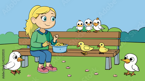 A park bench where a young girl sits quietly feeding breadcrumbs to a group of curious and friendly ducks waddling around her.. Cartoon Vector.