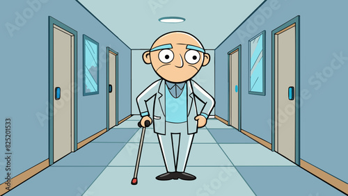 A patient walks slowly down a hallway using a cane for support. They have a slight hunch in their shoulders and their hands are trembling as they grip. Cartoon Vector.