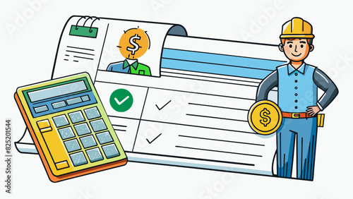 A paycheck stub with calculations and deductions neatly printed showing the employees worked hours and salary breakdown.. Cartoon Vector.
