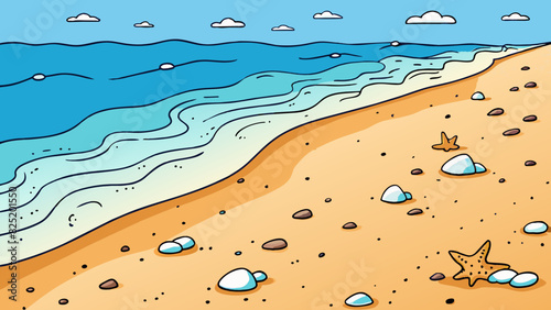 A peaceful walk along a sandy beach with the ocean waves crashing against the shore. Seagulls can be seen soaring overhead and the sand is warm. Cartoon Vector.