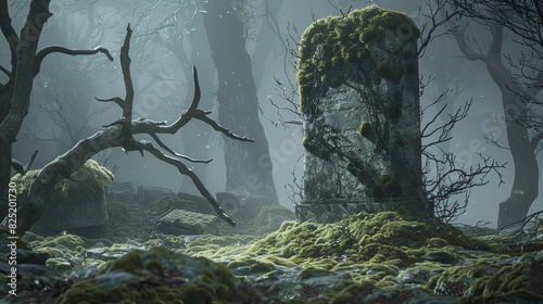 Ancient moss-covered tombstone standing solemnly in a foggy graveyard  surrounded by twisted trees and dim moonlight