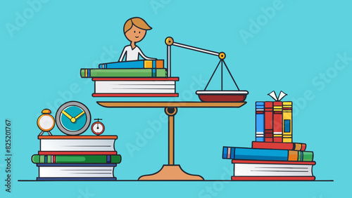 A pile of textbooks towering on a students desk the weight of each one adding up to a significant amount.. Cartoon Vector.