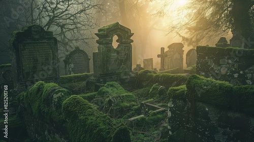 Ancient family mausoleum shrouded in mist, with moss-covered stones and faded epitaphs under a pale sun photo