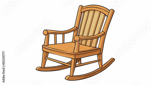 A piece of text describing a wooden rocking chair with curved arms and a woven cushioned seat. It mentions the sy solid wood frame and the comfortable. Cartoon Vector.