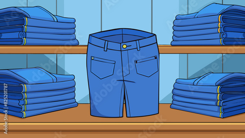 A pile of neatly folded blue jeans displayed on a store shelf. The jeans have a dark wash several pockets and a sy metal zipper.. Cartoon Vector.
