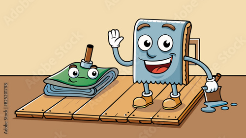 A piece of worn out carpet is being rep with new flooring. The new flooring is made of durable wood and has a glossy finish making it easier to clean. Cartoon Vector.