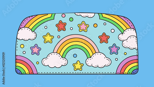 A playful and whimsical cover crafted out of multicolored patches of fabric and adorned with puffy clouds rainbows and glittery stars.. Cartoon Vector.