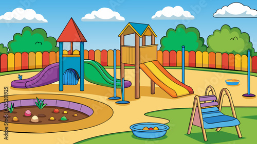 A playground with colorful play equipment and rubber mulch ground cover surrounded by a fence adorned with colorful artwork created by students.. Cartoon Vector.