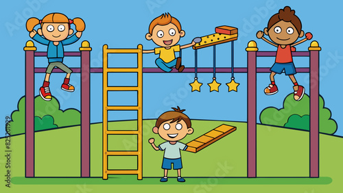 A playground filled with children playing on the monkey bars. Each child is trying to complete the obstacle course in the fastest time and with the. Cartoon Vector.