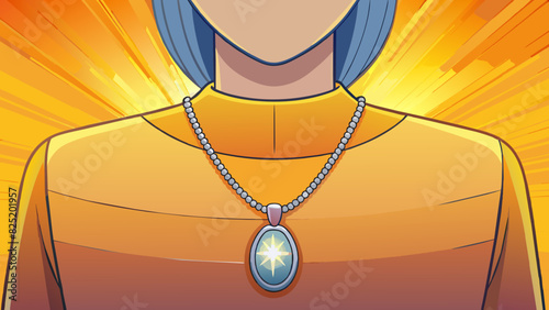 A polished silver necklace dangling from a womans neck each link reflecting the soft warm glow of the sunset behind her.. Cartoon Vector.