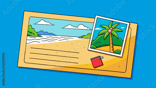 A postcard with a picture of a beach on the front the ocean water a brilliant shade of blue. The back is filled with tiny cramped handwriting and a. Cartoon Vector.