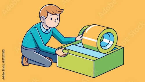 Applying tape to a package The tape is a clear sticky material that is dispensed from a roll. It has a strong adhesive and a glossy surface. As it is. Cartoon Vector.