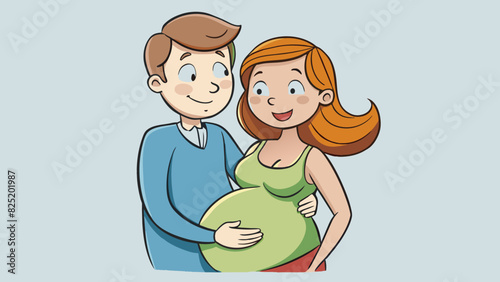 A pregnant woman with a round belly resting her hands on the curve as she gazes lovingly at her partner who is holding her from behind.. Cartoon Vector.