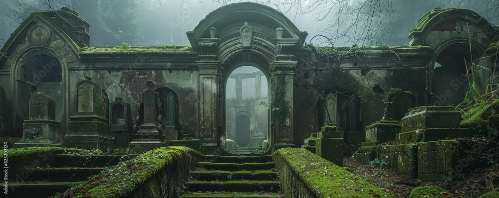 Obraz premium Abandoned crypt with mossy gravestones surrounding the entrance, faint mist rising from the stone steps