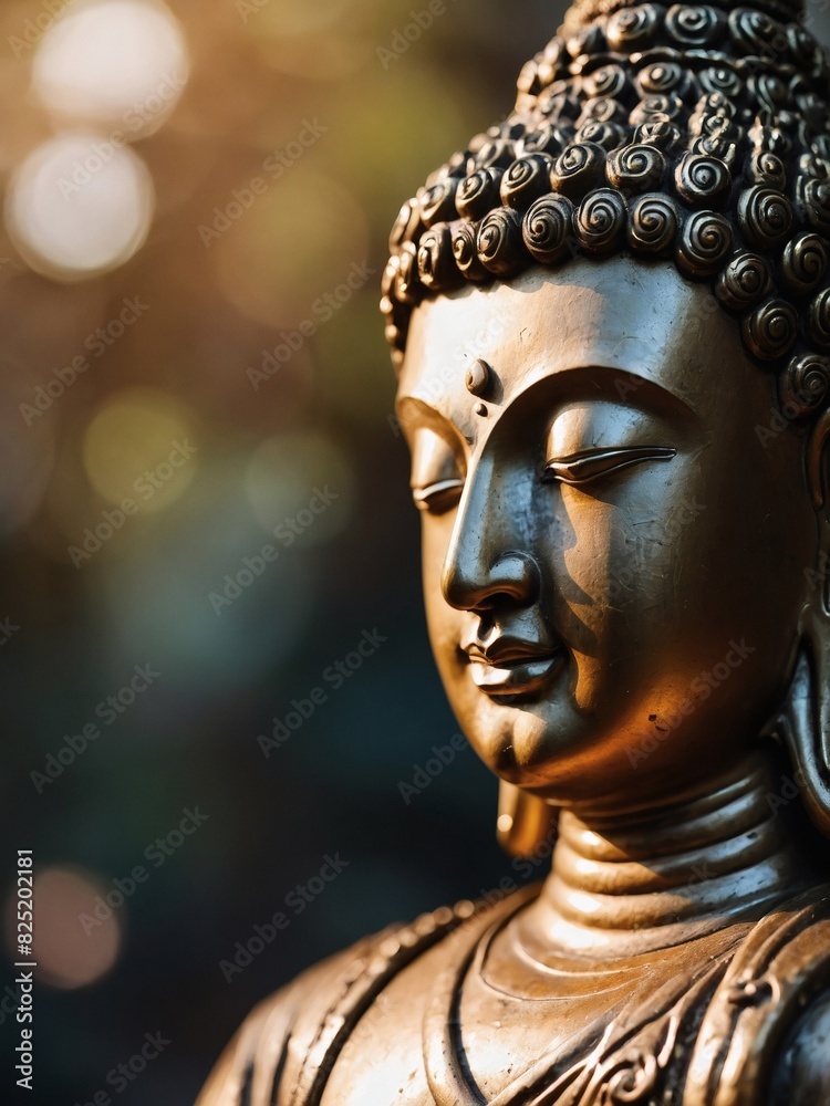Buddha statue in close-up with soft-focus background.