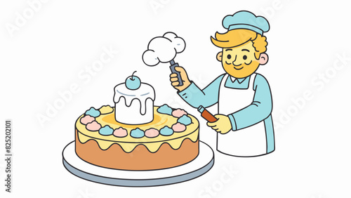 Applying icing on a cake The icing is a fluffy sugary mixture that is typically white or a pastel color stored in a piping bag or jar. It has a sweet. Cartoon Vector.