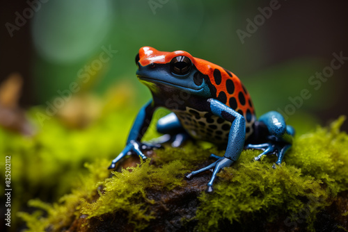 brightly colored frog sitting on a mossy rock in the forest