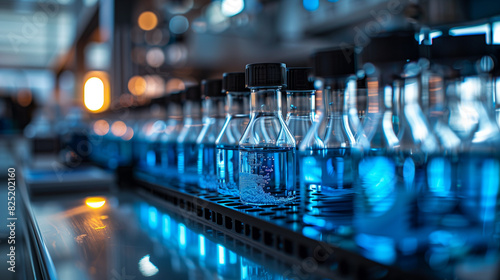bottles of water are lined up on a shelf in a lab photo