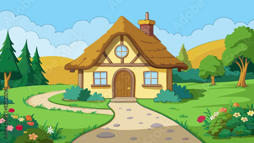 A quaint countryside cottage with a thatched roof surrounded by a lush garden blooming with delicate flowers and winding stone pathways.. Cartoon Vector.