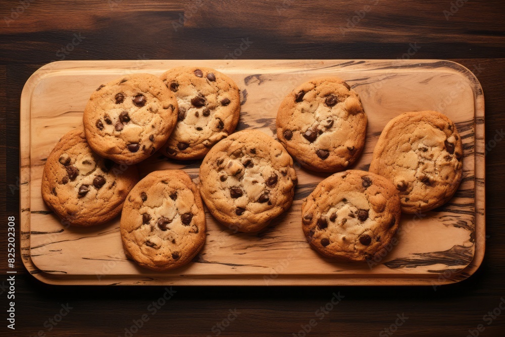 Exquisite chocolate chip cookies on a wooden board against a painted acrylic background Exquisite chocolate chip cookies on a wooden board against a painted acrylic background